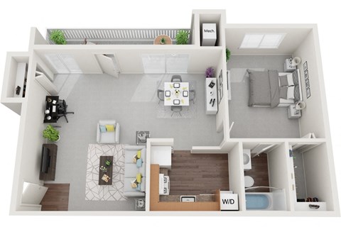 Floor plan for 1 bed, 1 bath, 595 sqft